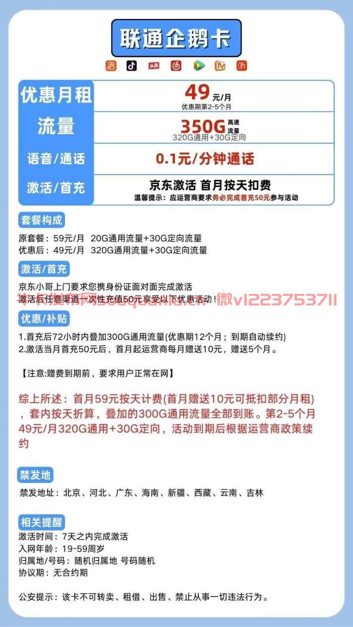 联通企鹅卡怎么样 49月租320G通用流量+30G定向流量