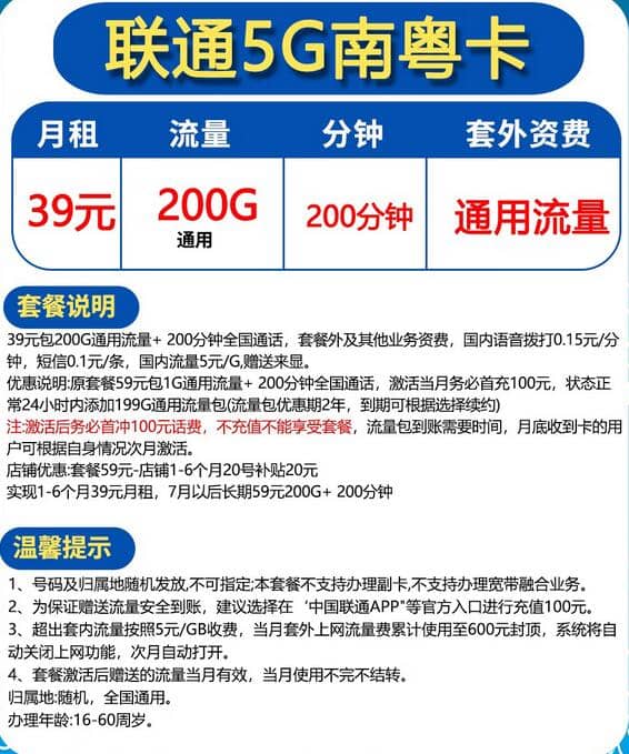 联通南粤卡39元套餐介绍 200G通用流量+200分钟通话