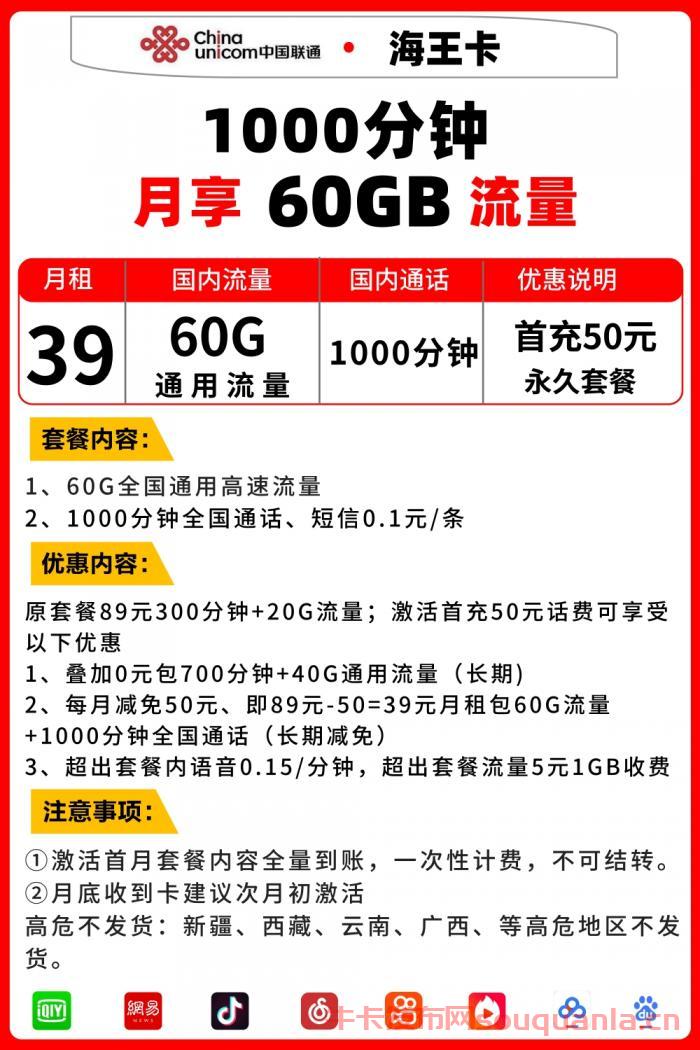 联通海王卡39元套餐介绍 60G通用流量+1000分钟通话 第1张