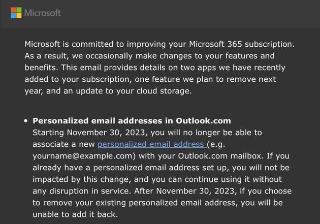 微软：Outlook将于明年底不再向个人提供个性化电子邮件地址服务
